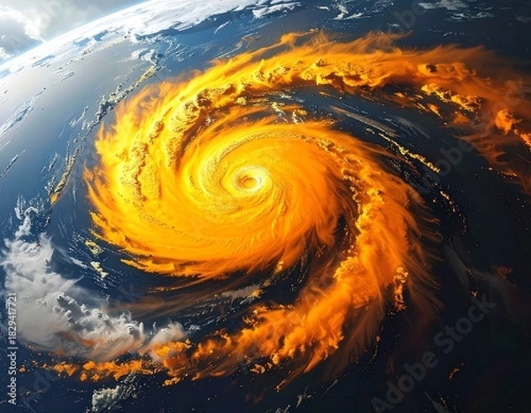 Fototapeta Dramatic fiery hurricane swirling above Earth in space, viewed from above