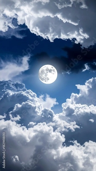 Fototapeta Dramatic full moon shining brightly through puffy clouds in a deep blue nighttime sky