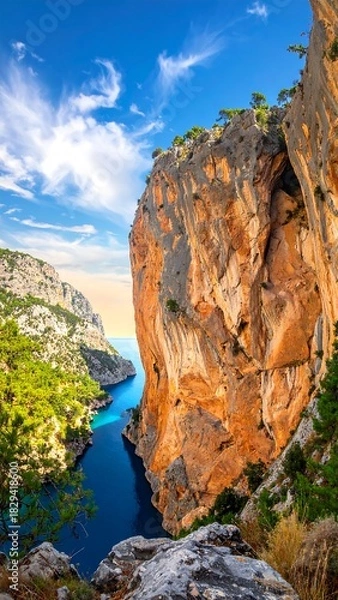 Fototapeta Dramatic, high-angle view of a blue inlet bordered by tall, rocky cliffs covered in greenery