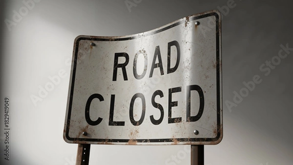 Fototapeta Bent metal road sign displaying "ROAD CLOSED" with rust  