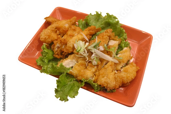 Fototapeta Crispy Deep Fried Chicken Fillet Served with Fresh Lettuce