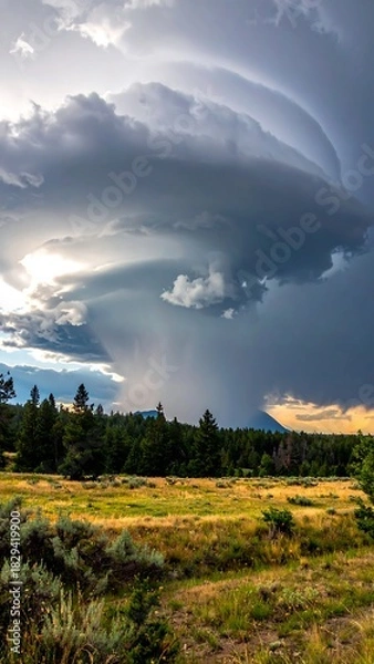 Fototapeta Dramatic, layered storm cloud hovering over a field, with distant mountain view