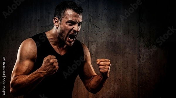 Obraz Muscular man in black tank top with intense expression and clenched fists against dark background