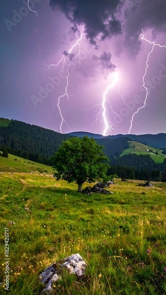 Fototapeta Dramatic lightning strikes behind a tree-filled, grassy meadow and wooded hills