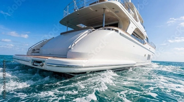 Obraz Luxurious white yacht cruising on clear blue ocean waters under a bright sunny sky