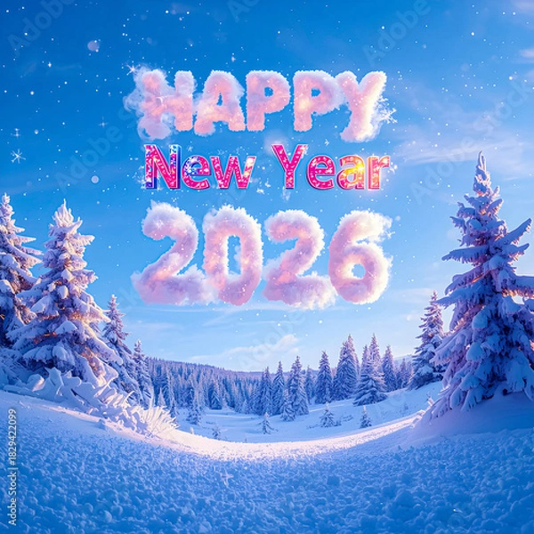 Fototapeta Happy New Year 2026 Magic Cloud Message in Winter Wonderland