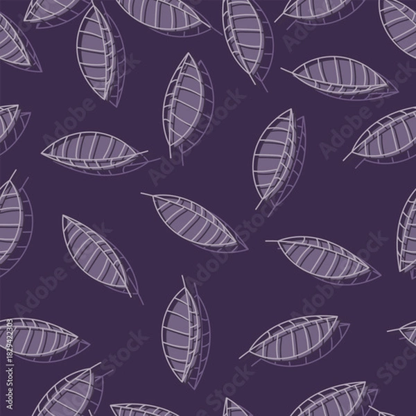Fototapeta Lavender Linear Leaf Seamless Pattern on Dark Purple Background