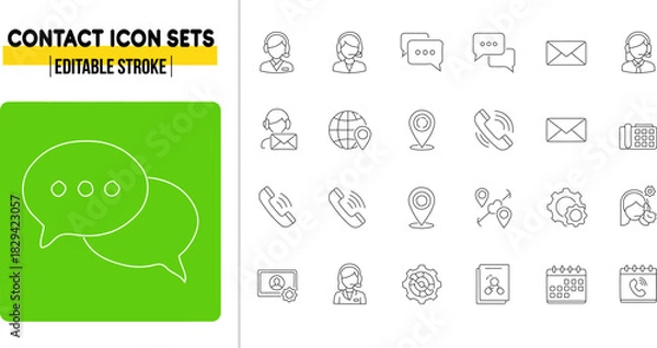 Obraz Futuristic Contact thin linear vector illustration icons set with editable stroke, featuring help, support, call center, online help, fax, message, social media, email, phone, location thin line art. 