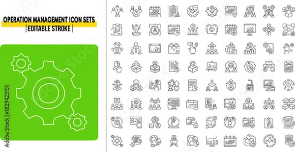 Obraz Futuristic Operation Management thin linear vector illustration icons set with editable stroke, featuring team building, production, decision making, resources, manufacturing, cost. thin line art.