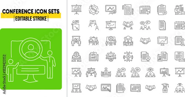 Obraz Futuristic Conference thin linear vector illustration icons set with editable stroke, featuring meeting, group, delegation, call group, report, video conference, speach, webinar, speaker thin line art