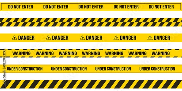 Obraz Hazardous warning tape sets must be careful for construction and crime. Yellow caution, do not enter, under construction, danger, warning tape caution sign. Black and yellow line. Seamless barrier. 