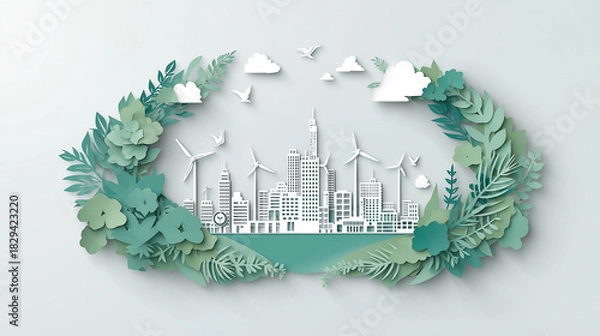 Obraz Green Energy Paper Art – Leaf with Wind Turbines, Solar Panels, Trees, and City Silhouette