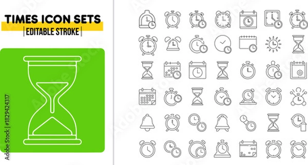 Obraz Futuristic Time thin linear vector illustration icon set with editable stroke, featuring clock, timer, alarm, time value, consistency, fast, waiting, time line, target time, rapid, speed thin line art