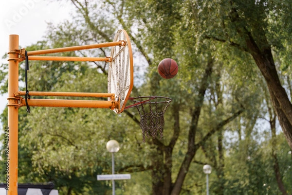 Obraz Flying high Over asphalt jungle A ball Finds the net On A summer Afternoon
