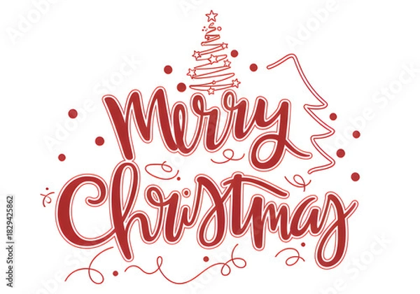 Obraz Merry Christmas Red Script Lettering on Black Background with Festive Tree and Star Decorations, Holiday Season Greeting Card Design Element