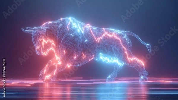 Obraz 3D Digital Bull Charging Through Neon Coins in Futuristic Style