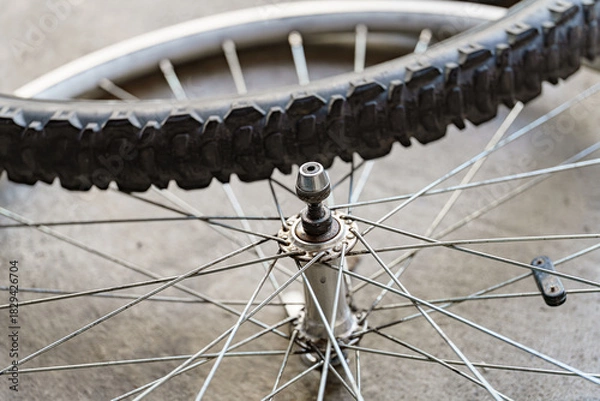 Fototapeta Steel spiderweb of spokes supports a rugged tire, ready for Adventure and mountain trails