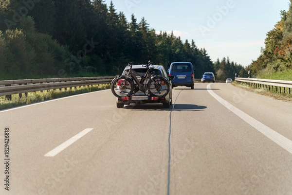 Obraz Going on an adventure trip with bicycles driving on a German Autobahn under the clear blue sky