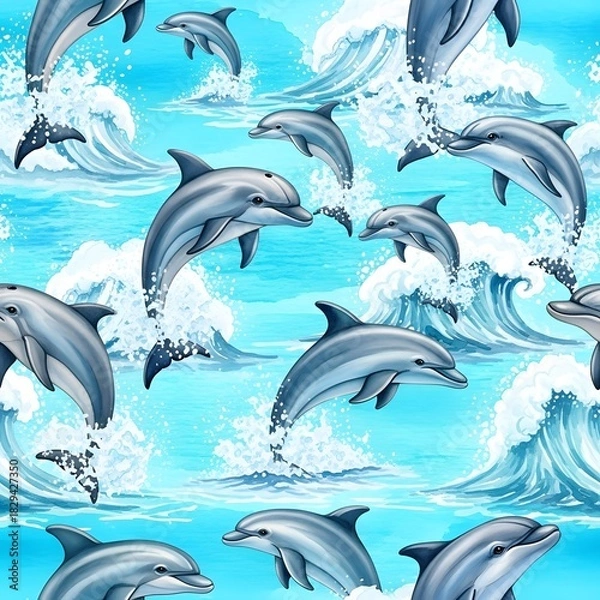 Fototapeta Playful Dolphins Leaping in Ocean Waves Pattern