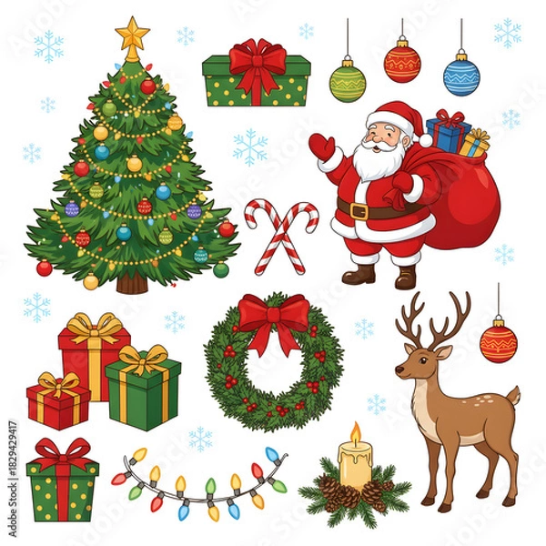 Obraz Christmas Holiday Collection with Santa, Tree, Reindeer, Gifts, and Festive Elements on Black Background