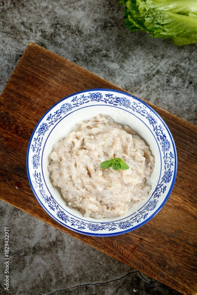 Obraz Fresh Cooked Shrimp Puree in Blue and White Bowl
