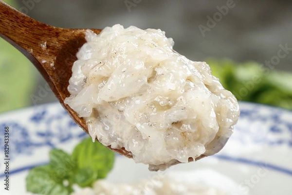 Obraz Fresh Shrimp Puree on Wooden Spoon with Herbs