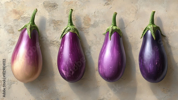 Fototapeta Fresh Eggplants on Rustic Surface Showcasing Their Vibrant Colors