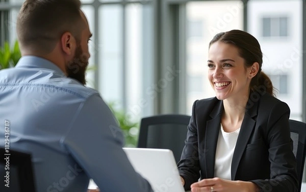 Fototapeta Smiling manager discussing with colleague at desk. High quality
