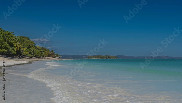 Fototapeta A beautiful tropical beach without people. The waves of the aquamarine ocean foam on the white sand. Green vegetation, palm trees on the shore. The blue sky. Copy space. Madagascar. 
