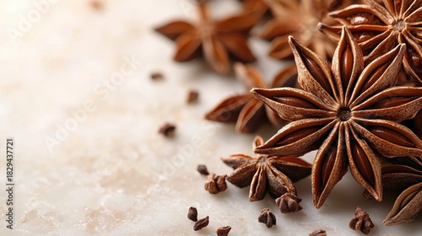 Fototapeta Exotic Star Anise Spices on Light Background for Culinary Use