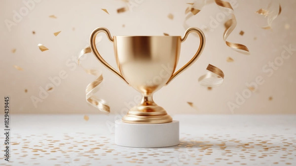Fototapeta Gold trophy on pedestal with confetti and ribbon celebration atmosphere