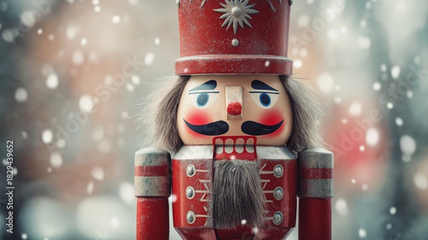 Obraz A vintage red nutcracker brightens the snowy scenery, evoking holiday cheer and nostalgia in winter Generative AI