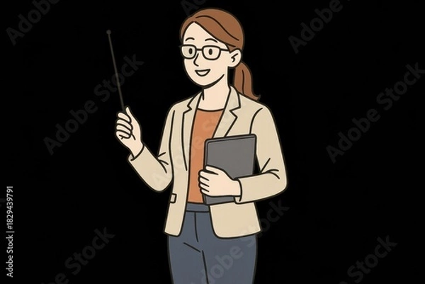 Obraz Female teacher with pointer and tablet, cartoon illustration on black background