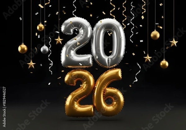 Obraz Silver "20" and gold "26" number balloons with stars and streamers on a black background, perfect for New Year's Eve celebrations and party designs.

