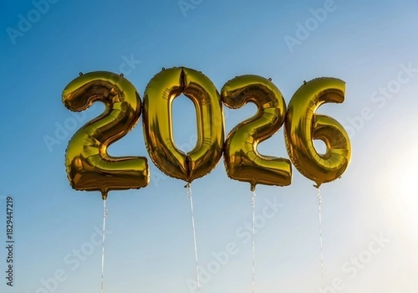 Obraz Golden "2026" number balloons floating against a clear blue sky, perfect for New Year celebrations, future concepts, and festive designs.

