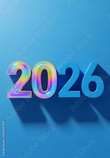 Obraz Vibrant 3D numbers "2026" with a rainbow gradient effect casting a shadow on a bright blue background, perfect for New Year and future concepts.

