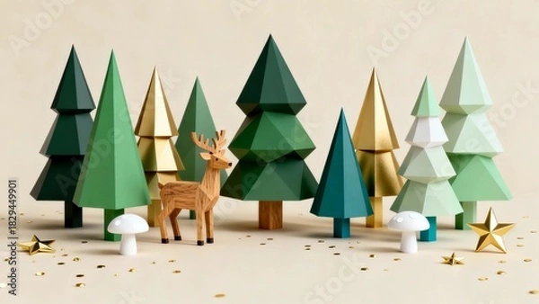 Obraz The main body includes several geometrically shaped Christmas trees (with deep green, dark green, gold, light green, etc.), wooden deer, and white.