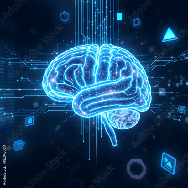 Obraz A glowing AI brain with digital data connections.