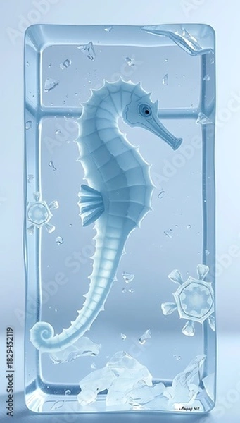 Fototapeta A seahorse encased in a block of ice, creating a captivating and surreal underwater scene with frozen bubbles