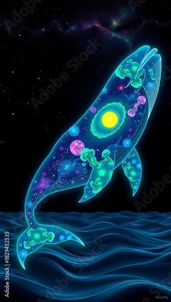 Fototapeta A cosmic whale swims in the dark ocean under a starry sky, its body filled with galaxies and nebulae