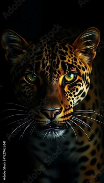 Fototapeta A captivating portrait of a leopard emerges from the darkness, its intense gaze and striking spots drawing you in