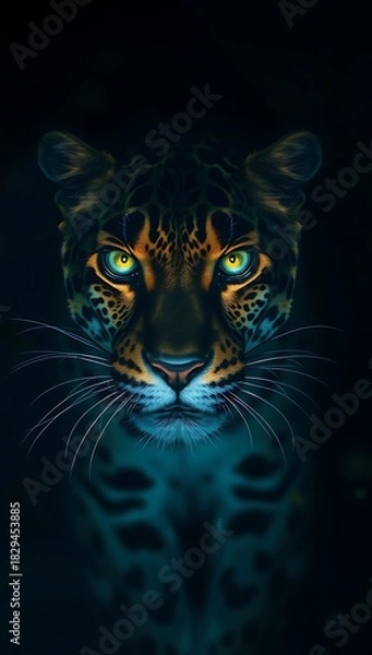 Fototapeta A captivating portrait of a jaguar emerges from the darkness, its piercing eyes glowing with an otherworldly intensity