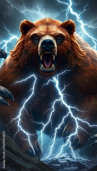 Fototapeta A ferocious grizzly bear roars amidst a storm of lightning, showcasing its power and dominance in nature