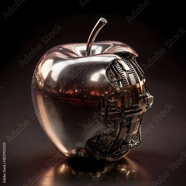 Obraz Futuristic metallic apple with exposed cybernetic core, sleek reflective chrome surface, sci-fi biomechanical design blending organic shape with advanced machinery in dramatic studio lighting
