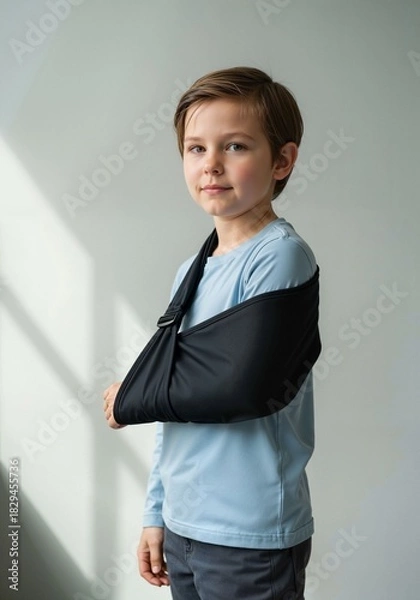 Fototapeta Kid with arm sling standing indoors, looking calm and confident  
