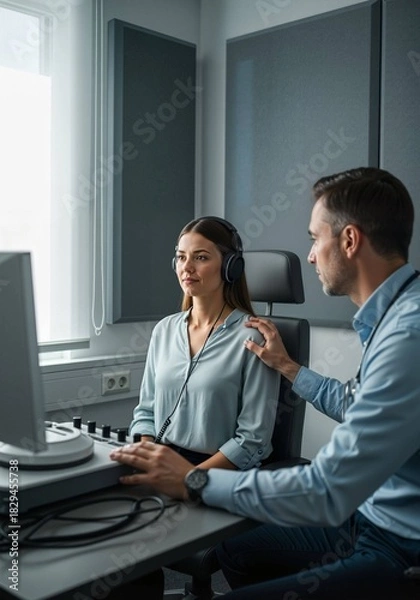 Obraz Woman undergoing hearing test in audiology room with doctor  