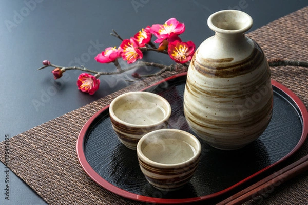 Obraz 湯気の立つ日本酒と梅の枝の和風イメージ
