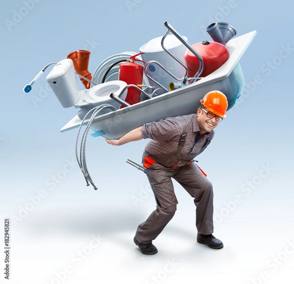 Obraz Worker holding bathtub with sanitary engineering on his back // showing big assortment