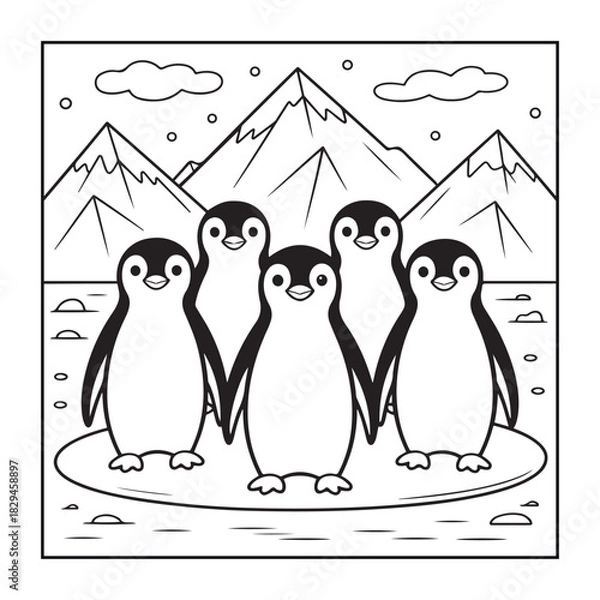 Obraz Penguin Illustration on Ice: A heartwarming illustration showcases a cluster of penguins huddled together on an icy surface, against a backdrop of snow-capped mountains and fluffy clouds.