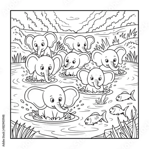 Obraz Playful Elephants in River: A heartwarming scene unfolds as a group of adorable elephants frolic and splash joyfully in the refreshing water of a river.